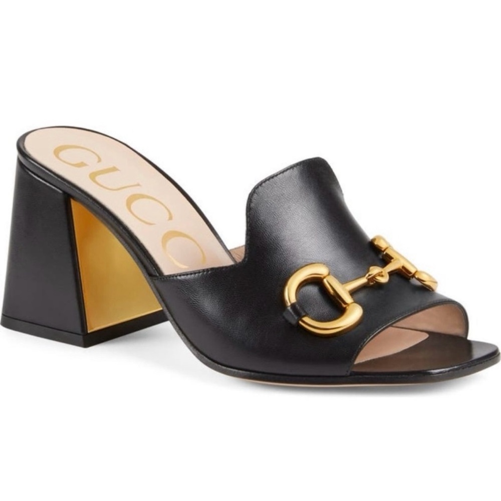 Gucci Black and Gold Mules with Horsebit Detail